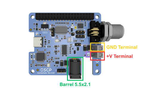 IMU barrel jack and screw terminal block with GND/+V polarity labels